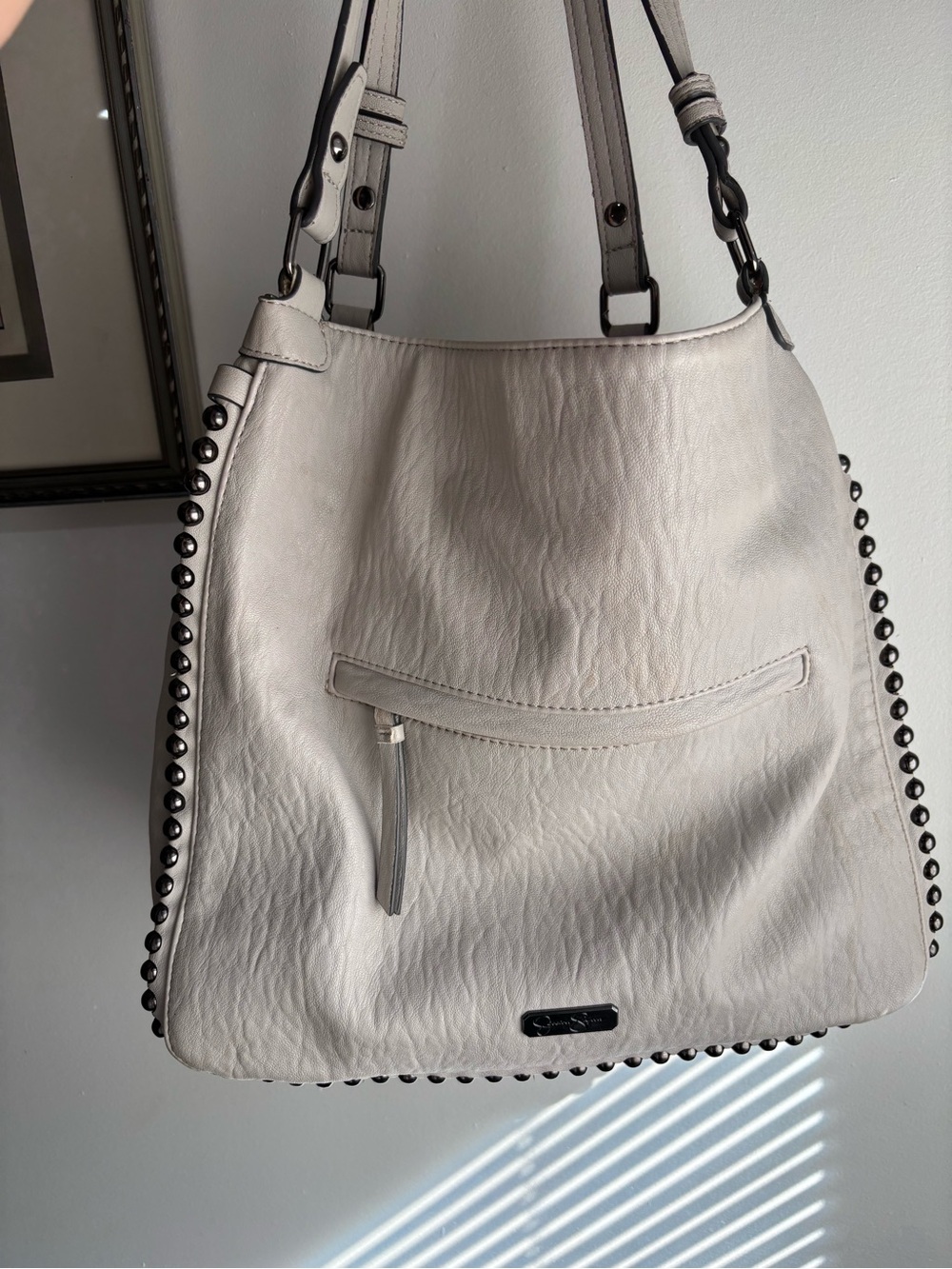 Steve Madden White Studded Shoulder Tote Bag stuffed - Picture 9 of 12